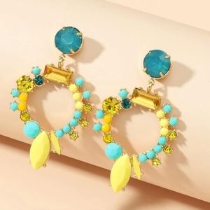 Rhinestone Beaded Yellow & Blue Glam Earrings‎ PARTY LUXURY BARBIE FANCY CUTE